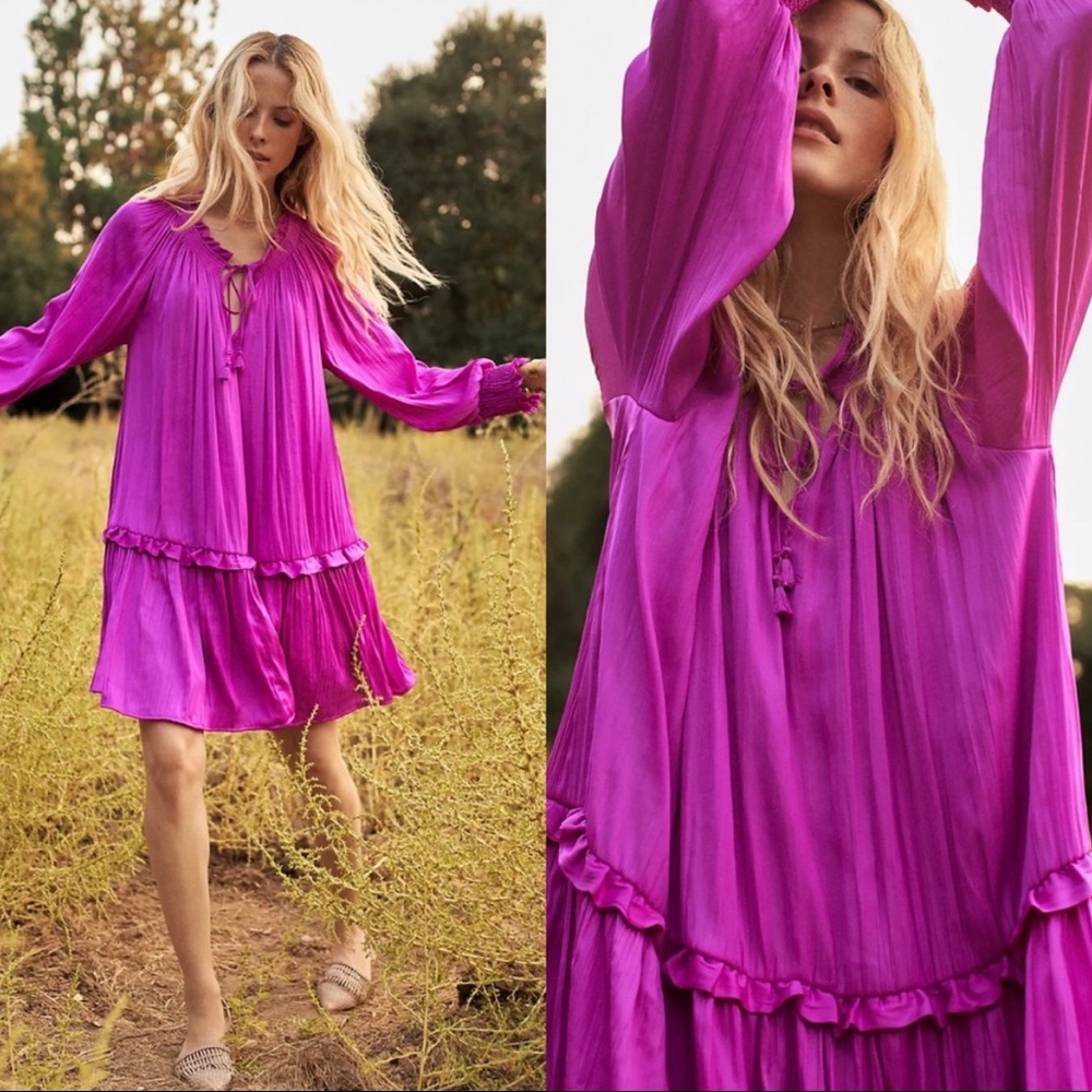 Anthropologie Giulia Drop Waist Satin Dress Pink Rose M